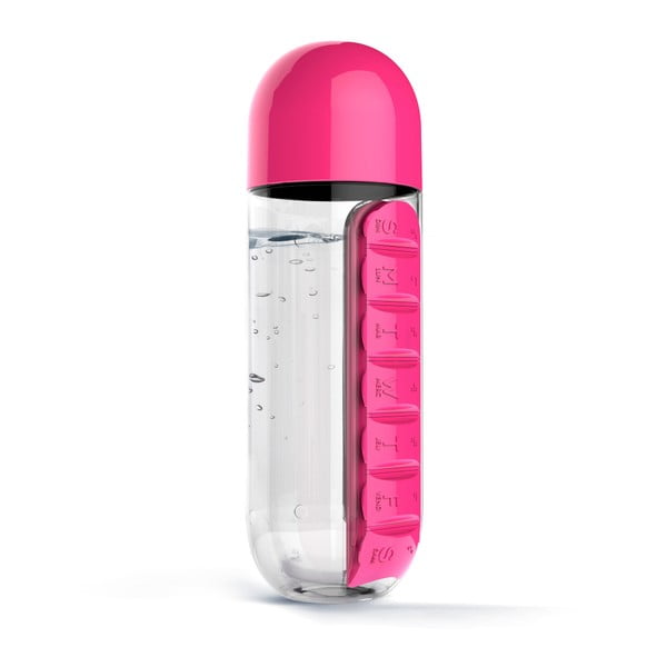 Sticlă cu organizator medicamente integrat Asobu In Style Pink, 600 ml