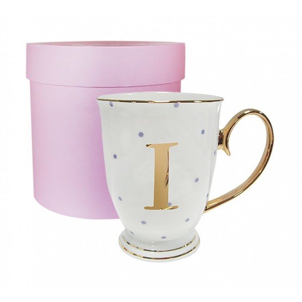 Cană-alfabet cu litera I, cu picățele mov
