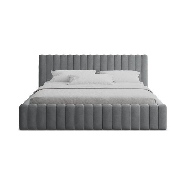 Pat matrimonial gri tapițat cu spațiu de depozitare cu somieră 180x200 cm Lemi – Makamii-image-4