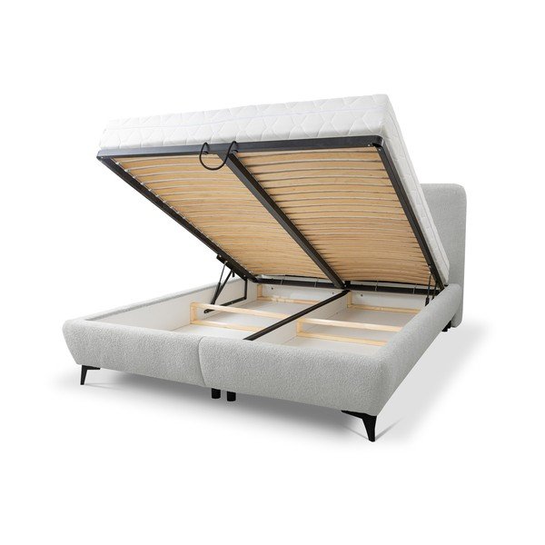 Pat matrimonial gri deschis tapițat cu spațiu de depozitare cu somieră 160x200 cm Makapu – Makamii-image-1