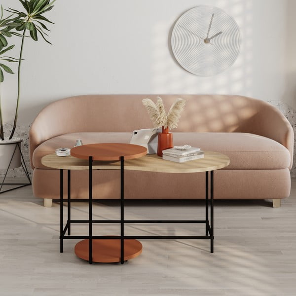 Măsuțe de cafea cărămizii/în culoare naturală 2 buc. cu blat cu aspect de lemn de stejar 65x103 cm Rosie – Marckeric-image-1