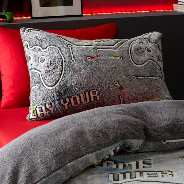 Lenjerie de pat fosforescentă pentru copii din micropluș/cocolino pentru pat dublu 200x200 cm Game Over – Catherine Lansfield-image-1