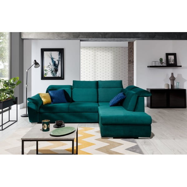 Colțar verde extensibil/cu spațiu de depozitare cu tapițerie din catifea (cu colț pe partea dreaptă/în formă de ”L”) Loreto – ELTAP-image-1