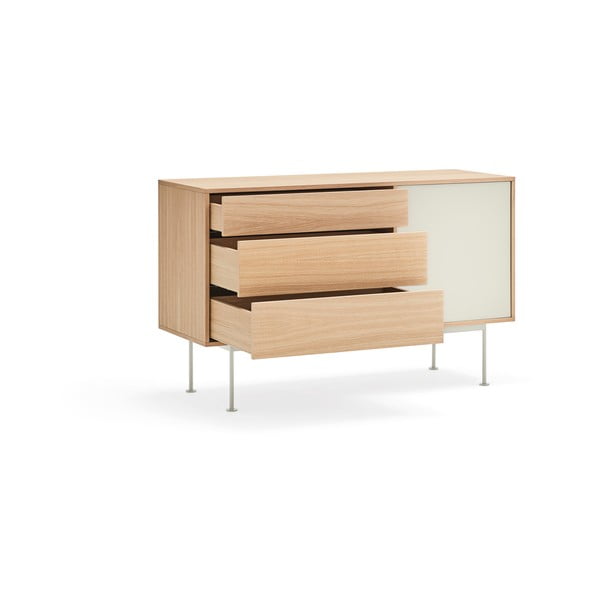 Comodă cu aspect de lemn de stejar Teulat Yoko, lățime 128 cm, alb-crem-image-3