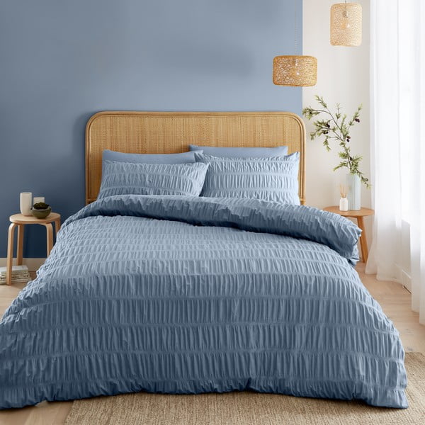 Lenjerie de pat albastră din țesătură crep pentru pat de o persoană 135x200 cm Seersucker – Catherine Lansfield-image-1