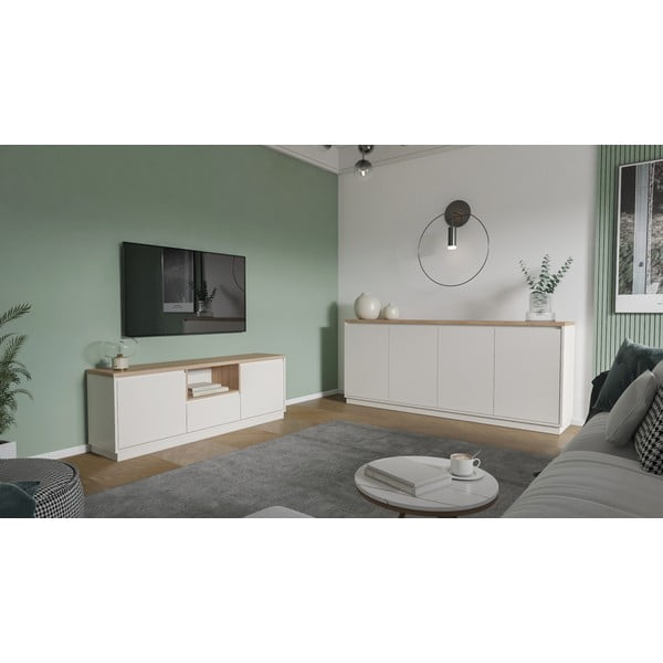 Comodă TV bej cu aspect de lemn de stejar 161x55x40 cm Loreta – Marckeric-image-2