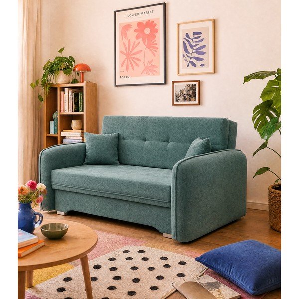 Canapea verde extensibilă/cu spațiu de depozitare cu tapițerie din chenille 155 cm Laine – ELTAP-image-1