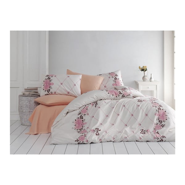 Lenjerie de pat cu cearșaf din bumbac Juliet, 200 x 220 cm, roz - alb