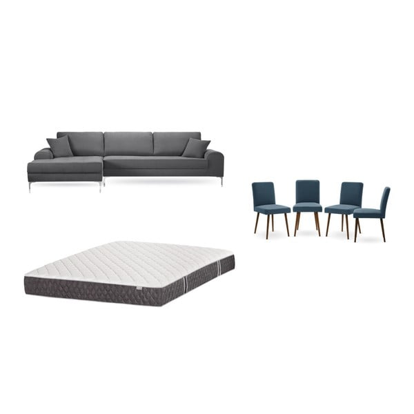 Set canapea gri cu șezlong pe partea stângă, 4 scaune albastre și saltea 160 x 200 cm Home Essentials
