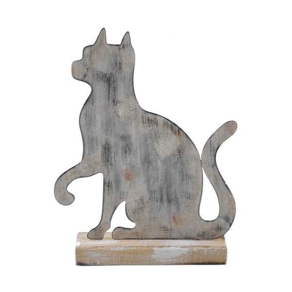 Decorațiune mică din metal cu suport din lemn Ego Dekor, 15 x 19,5 cm, pisică, gri
