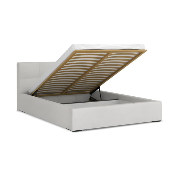 Pat matrimonial gri deschis tapițat din catifea cu spațiu de depozitare cu somieră 140x200 cm Hiko – Makamii-image-1