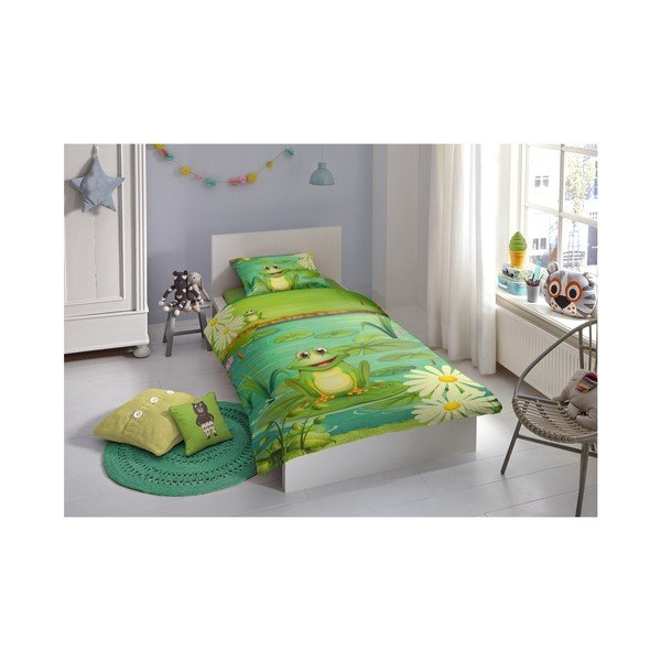 Lenjerie de pat din bumbac pentru copii Good Morning Frogs, 140 x 200 cm-image-1