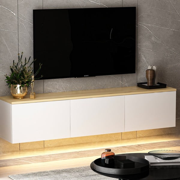 Comodă TV albă/în culoare naturală cu aspect de lemn de stejar 160x35x32 cm Neon – Kalune Design-image-2