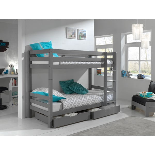 Pat pentru copii  gri supraetajat din lemn de pin cu spațiu de depozitare 90x200 cm PINO – Vipack-image-1