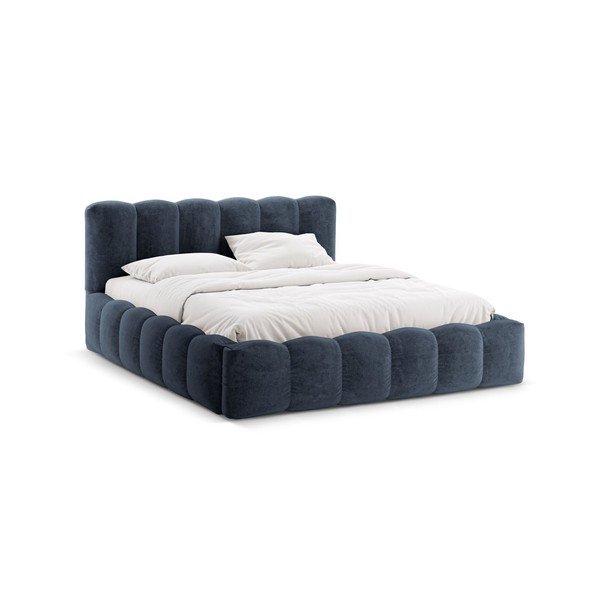 Pat matrimonial albastru închis tapițat cu spațiu de depozitare cu somieră 200x200 cm Lupine – Micadoni 