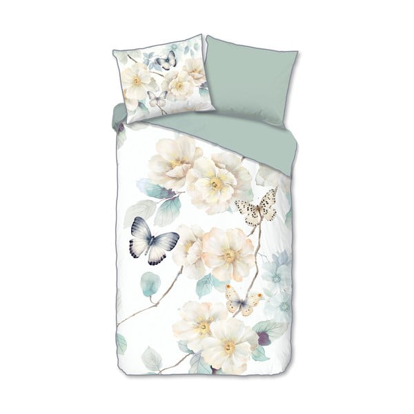 Lenjerie de pat albă-verde din bumbac satinat pentru pat de o persoană, extinsă 140x220 cm Adiwanya – Descanso