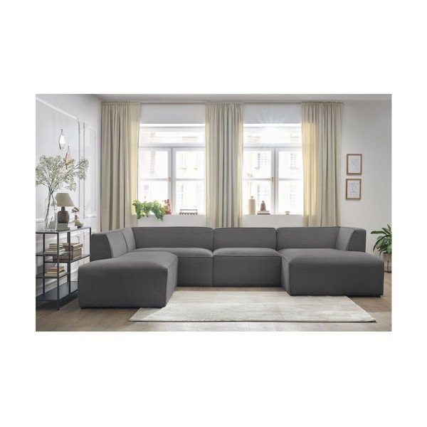 Colțar modular gri închis cu tapițerie din catifea reiată  (cu colț pe partea stângă/în formă de "U") Megeve – Bobochic Paris-image-1
