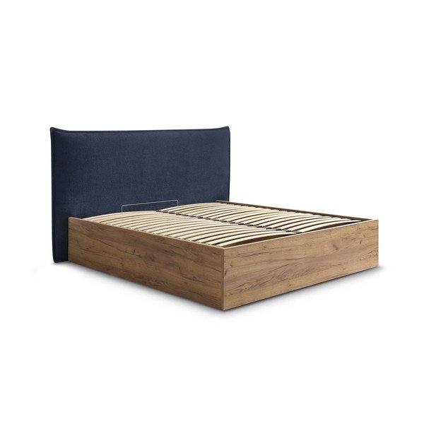 Pat matrimonial albastru tapițat/din  placă aglomerată de lemn tapițat cu spațiu de depozitare cu somieră 180x200 cm Charlie – Bobochic Paris