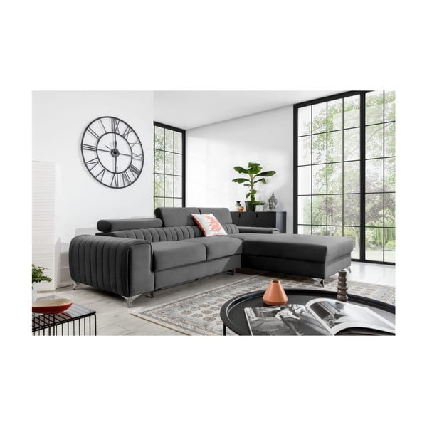 Colțar gri închis extensibil/cu spațiu de depozitare cu tapițerie din catifea (cu colț pe partea dreaptă/cu șezlong) Grayson – ELTAP-image-1