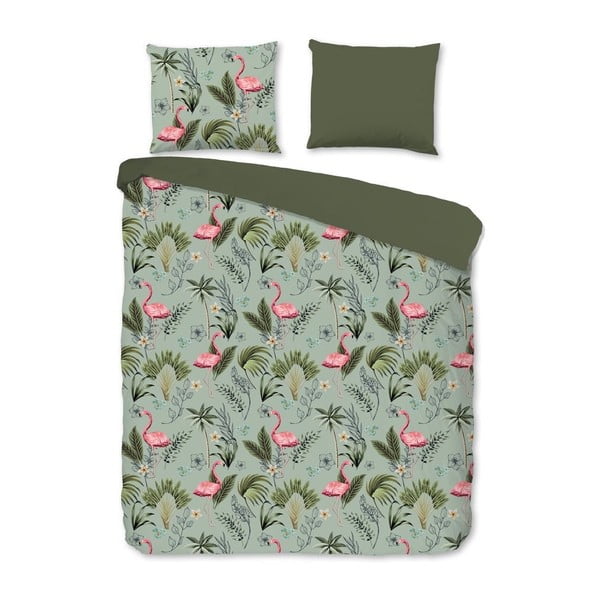 Lenjerie de pat din bumbac Good Morning Flamingo, 140 x 220 cm, verde