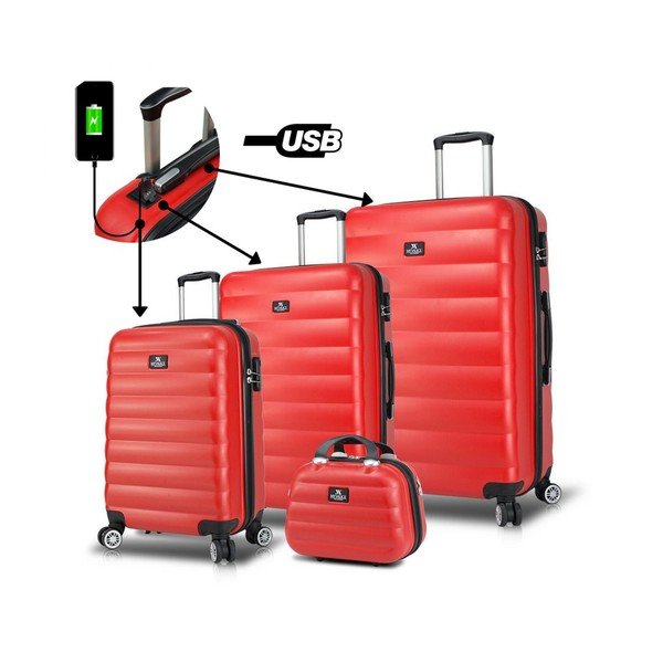 Set 3 valize cu roți, port USB și geantă cosmetică/voiaj My Valice RESSO Travel Set, roșu-image-1