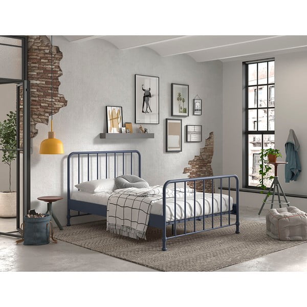 Pat matrimonial albastru din metal cu somieră 140x200 cm BRONXX – Vipack-image-1