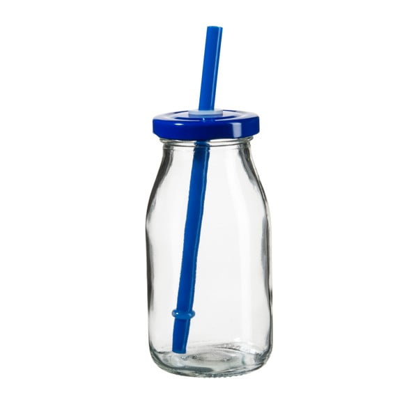 Sticlă cu capac albastru și pai SUMMER FUN II, 200 ml, albastru