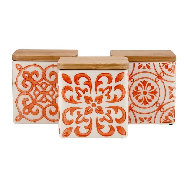 Set 3 recipiente din ceramică pentru alimente, cu capac din bambus, cu modele portocalii Ladelle Coventry