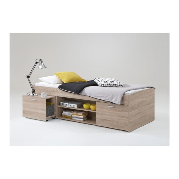 Set pat de o persoană Arno, 90 x 200 cm și noptieră, cu aspect de lemn de stejar