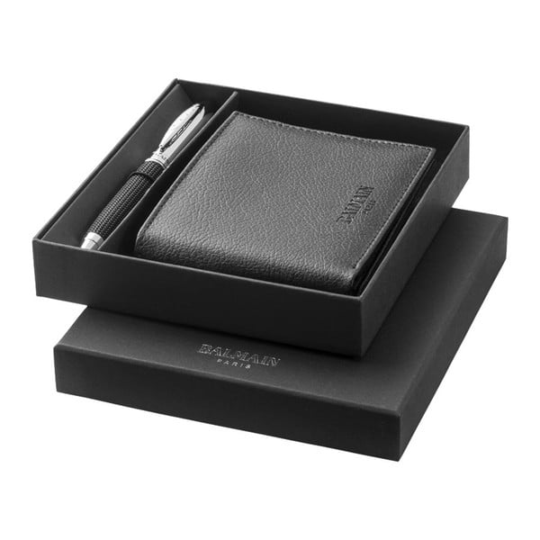 Set stilou negru și portofel  Balmain în cutie cadou