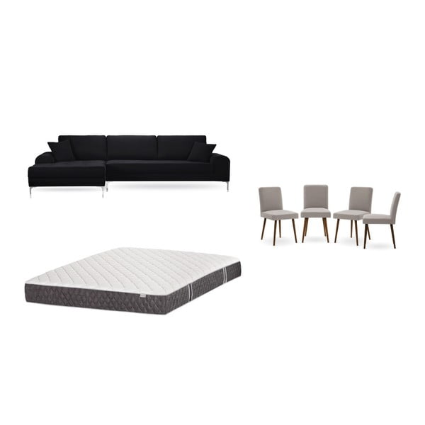 Set canapea neagră cu șezlong pe partea stângă, 4 scaune taupe și saltea 160 x 200 cm Home Essentials