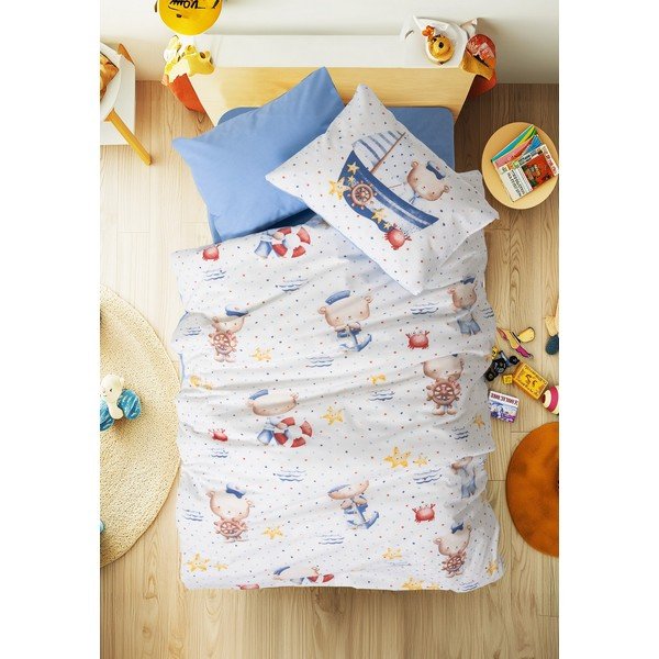 Lenjerie de pat pentru copii albă-albastră din bumbac ranforcé pentru pătuț cu cearceaf inclus, cu 4 piese 100x150 cm Seaman – Mijolnir-image-1