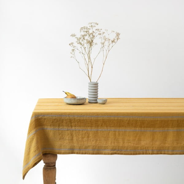 Față de masă din in 140x140 cm Amber Bronze Stripes – Linen Tales