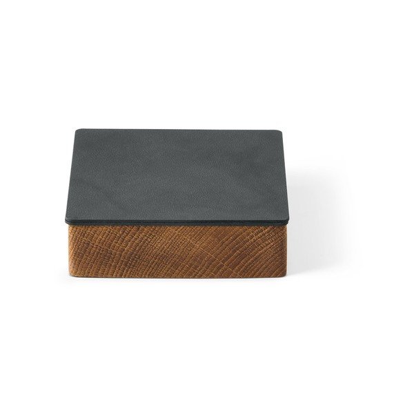 Cutie de depozitare gri antracit-în culoare naturală din lemn și din piele ecologică cu capac, decorativă 11x11x3,5 cm Square Nupo – LIND DNA