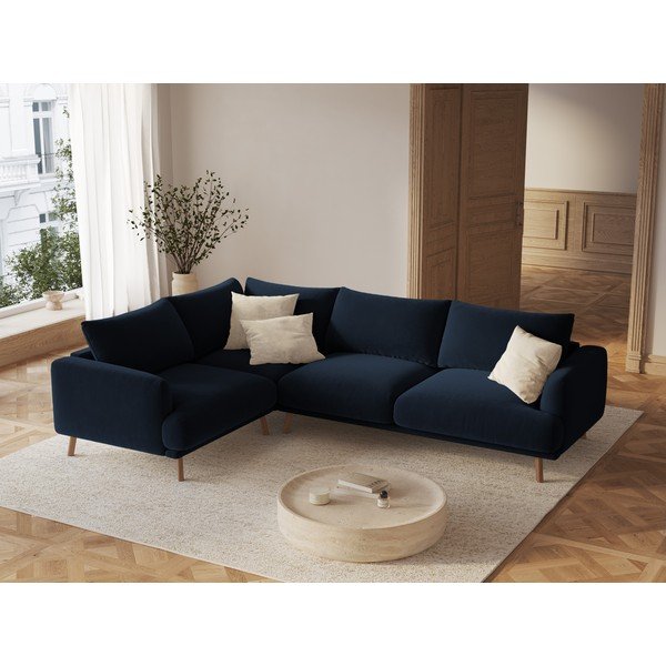 Colțar albastru închis cu tapițerie din catifea (cu colț pe partea stângă/în formă de ”L”) Naomi – Micadoni -image-1