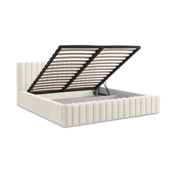 Pat matrimonial crem tapițat cu spațiu de depozitare cu somieră 160x200 cm Lemi – Makamii-image-3