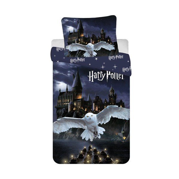 Lenjerie de pat pentru copii albastru-închis/gri din bumbac pentru pat de o persoană 200x140 cm Harry Potter "Hogwarts Night" – Jerry Fabrics