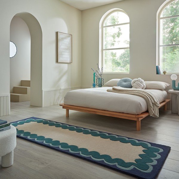 Covor tip traversă în culoare naturală/albastru-verde țesut manual din lână 80x230 cm Wiggle Wool – Flair Rugs-image-1