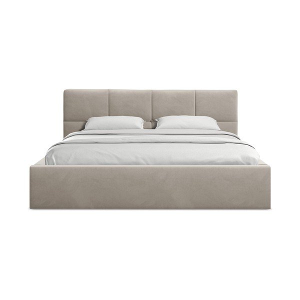 Pat matrimonial taupe tapițat din catifea cu spațiu de depozitare cu somieră 140x200 cm Hiko – Makamii-image-3