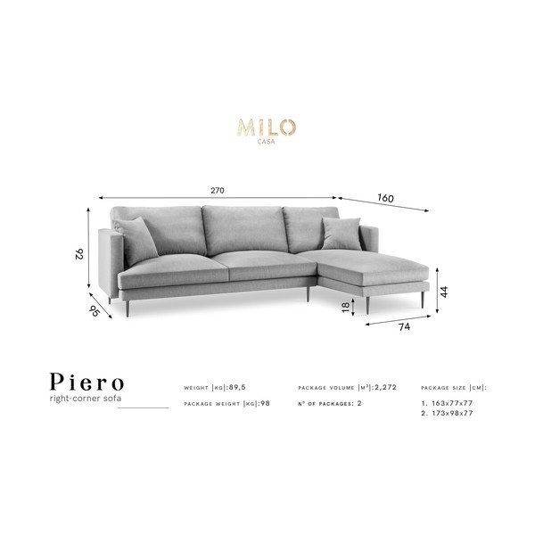 Canapea Milo Casa Piero, colț pe dreapta, gri deschis-image-2