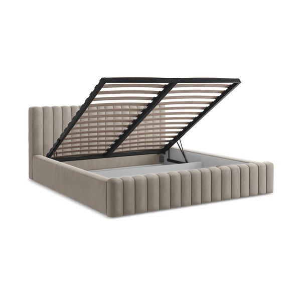 Pat matrimonial taupe tapițat cu spațiu de depozitare cu somieră 160x200 cm Lemi – Makamii-image-3