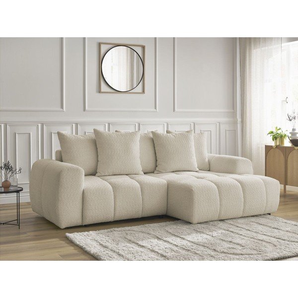 Colțar bej extensibil/cu spațiu de depozitare cu tapițerie din țesătură bouclé (cu colț pe partea dreaptă/cu șezlong) Roxelane – Bobochic Paris-image-3