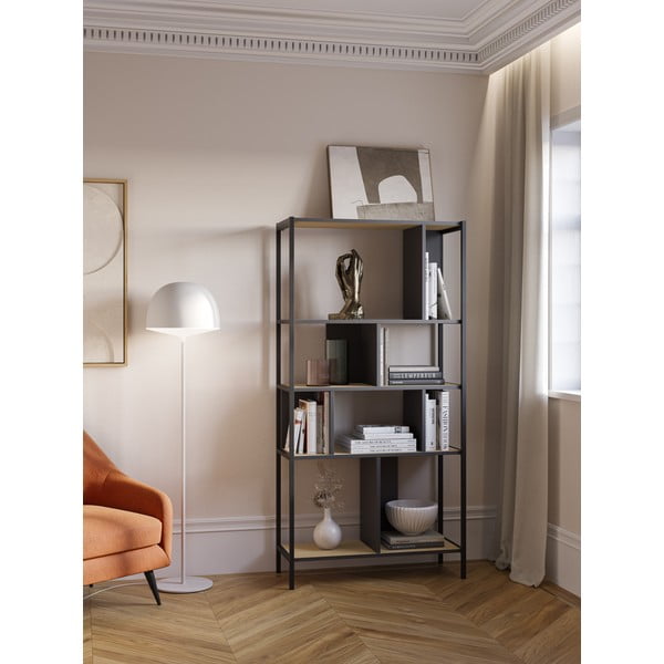 Bibliotecă neagră/în culoare naturală cu aspect de lemn de stejar 88x175 cm Alabama – Marckeric-image-1