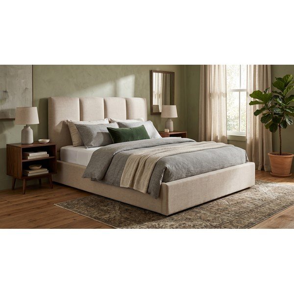 Pat matrimonial 160x200 cm bej tapițat cu spațiu de depozitare cu somieră Juniper – Mazzini Beds-image-1
