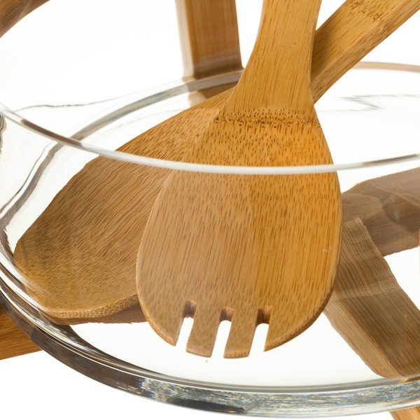 Set bol din sticlă și tacâmuri din bambus pentru salată Unimasa Transparent-image-1