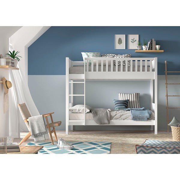 Pat pentru copii  alb supraetajat din lemn masiv de pin cu spațiu de depozitare 90x200 cm SCOTT – Vipack-image-1