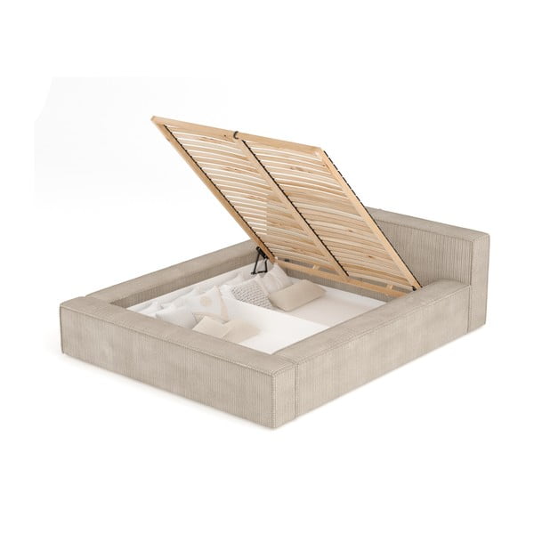 Pat matrimonial bej tapițat cu spațiu de depozitare cu somieră 180x200 cm Voliera – Maison de Rêve-image-3