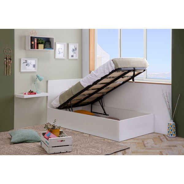 Pat alb cu spațiu de depozitare și somieră 90x190 cm Kronos - Marckeric-image-1