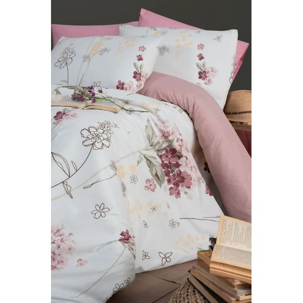Lenjerie de pat albă/roz pentru pat de o persoană/canapea extinsă cu cearceaf inclus/cu 3 piese 160x220 cm Floral – Mila Home-image-1