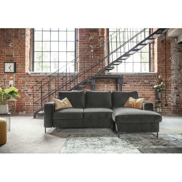 Colțar extensibil din catifea cu șezlong pe partea dreaptă Miuform Lofty Lilly, gri închis-image-1